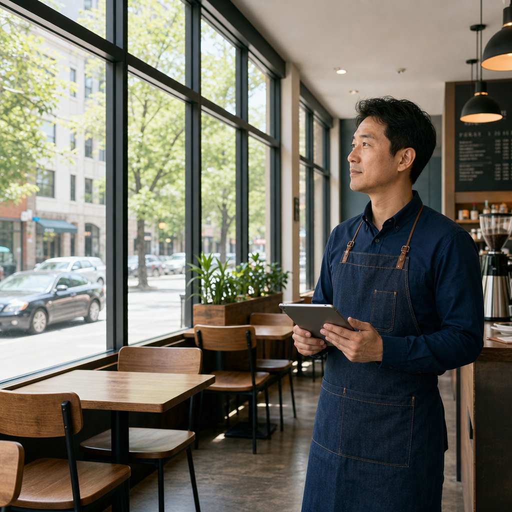 Café owner standing near large storefront windows installed with solar heat-reduction film.
