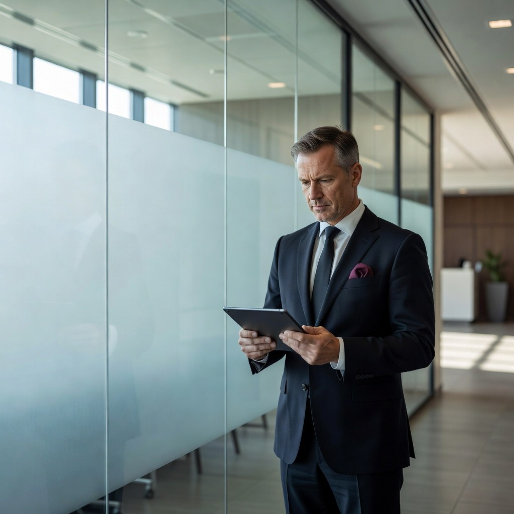 Executive standing near corporate conference room glass partitions featuring matte frosted privacy window film.