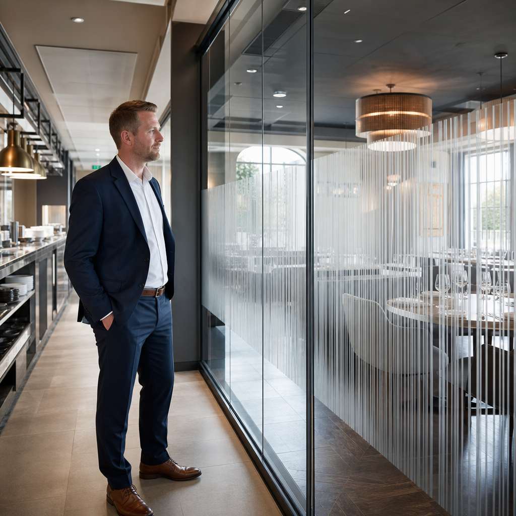 Restaurant manager standing along a glass partition featuring striped decorative privacy film separating dining areas.