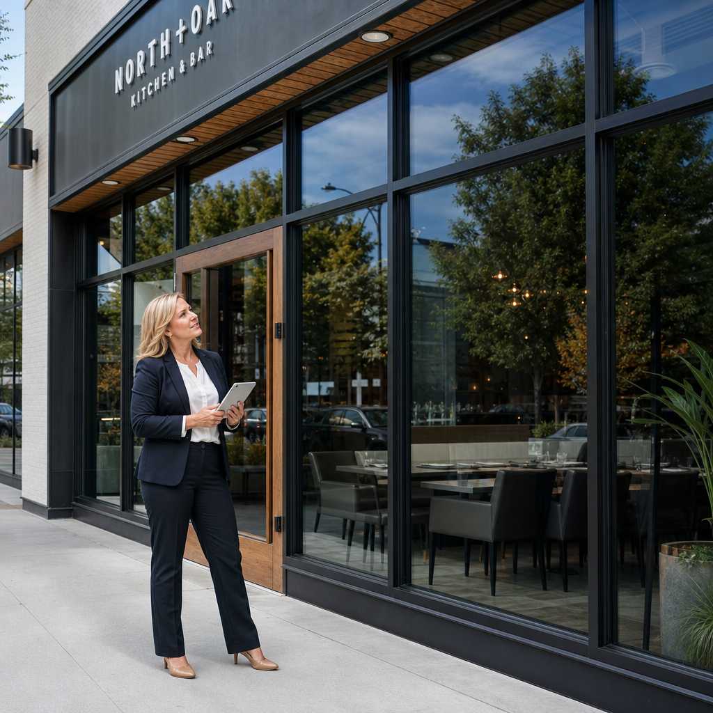 Restaurant owner evaluating solar control window film installed on a modern commercial glass facade.