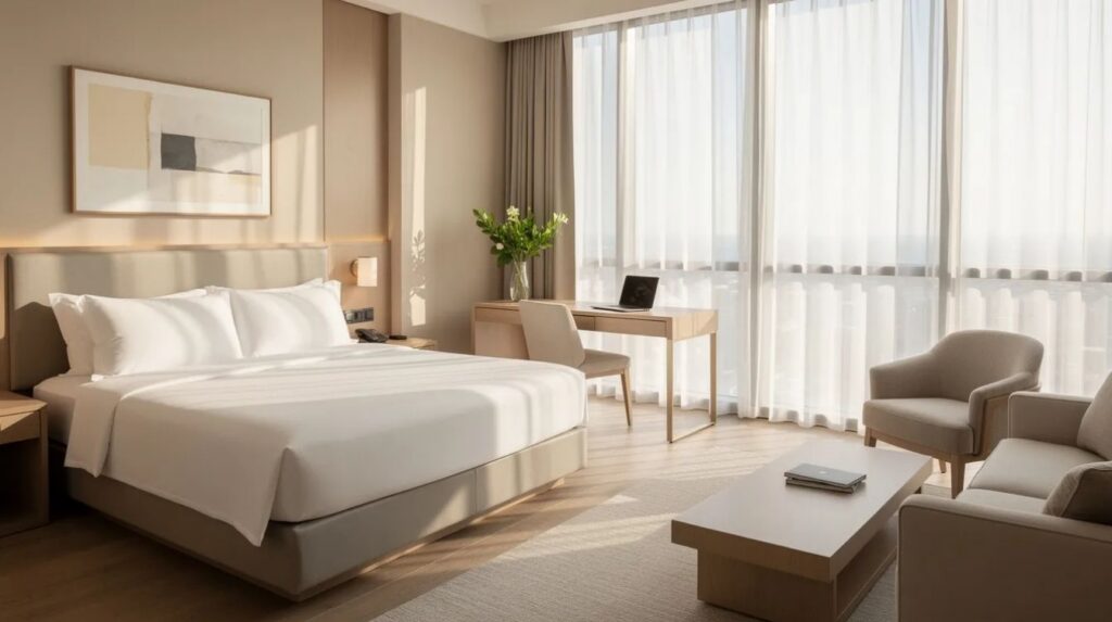 The image depicts a bright hotel room interior featuring floor-to-ceiling windows that allow natural light to flood in, highlighting a neatly made bed, a desk, and a cozy sitting area. The room's design emphasizes comfort and energy efficiency, potentially enhanced by energy savings window film to manage indoor temperatures and reduce glare from the sun.