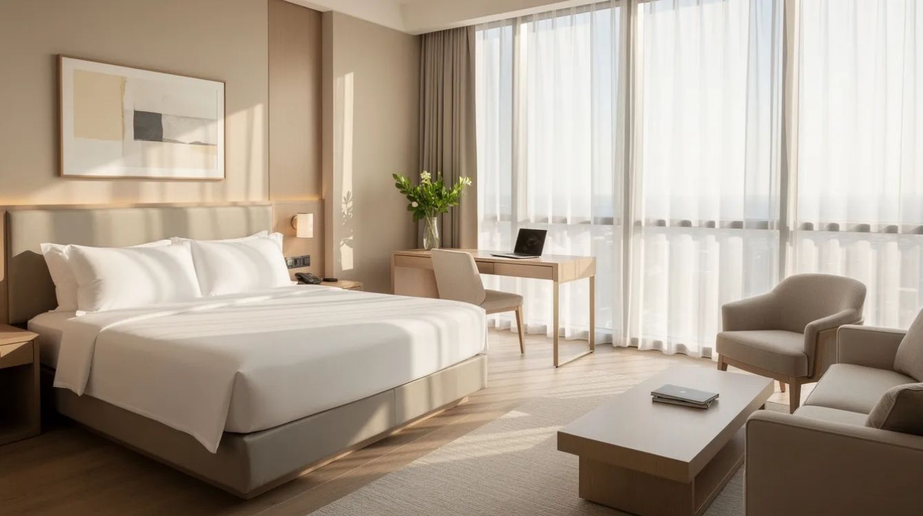 The image depicts a bright hotel room interior featuring floor-to-ceiling windows that allow natural light to flood in, highlighting a neatly made bed, a desk, and a cozy sitting area. The room's design emphasizes comfort and energy efficiency, potentially enhanced by energy savings window film to manage indoor temperatures and reduce glare from the sun.