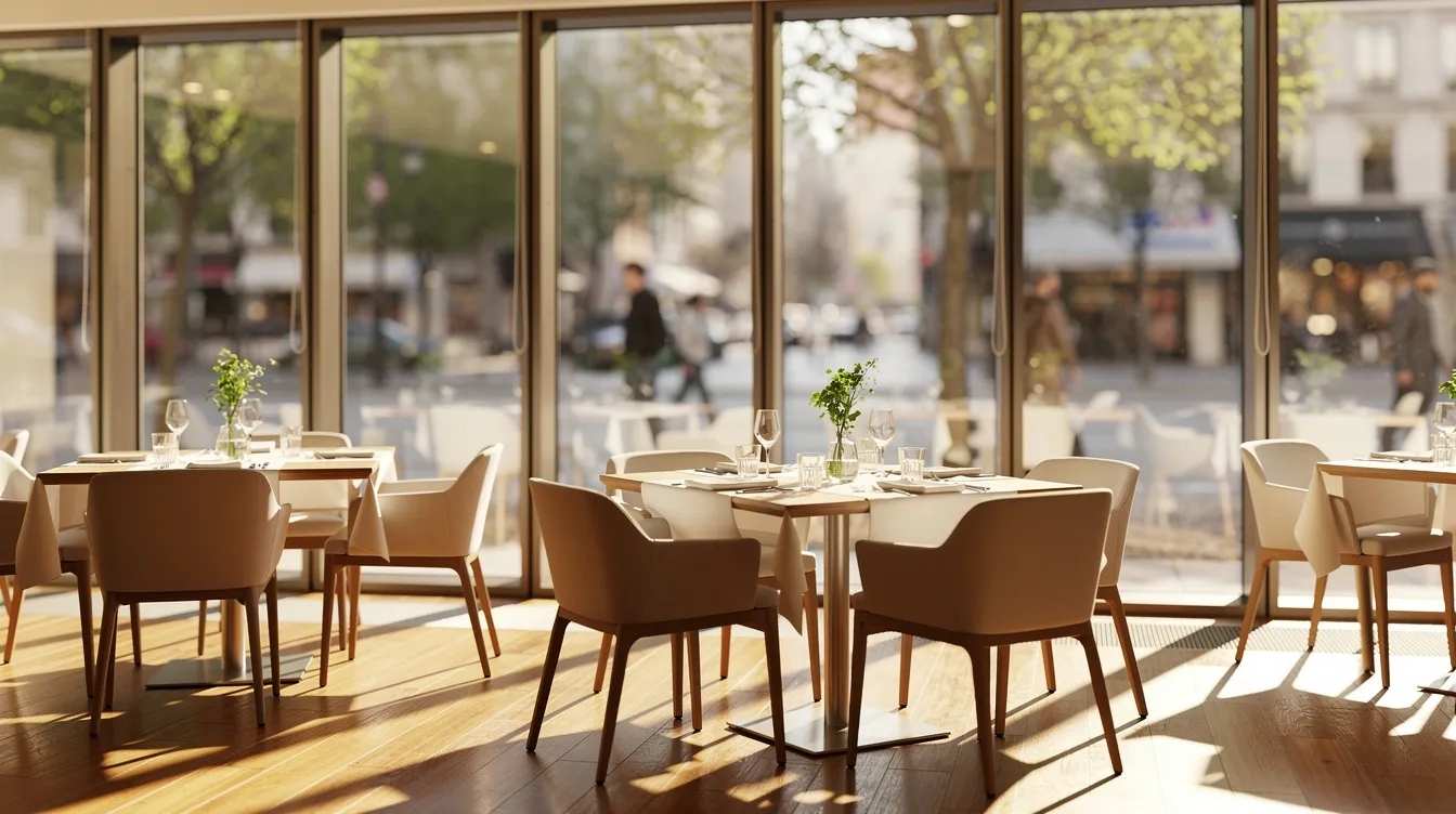 The image depicts a sun-filled restaurant dining room featuring large floor-to-ceiling windows that allow natural light to flood the space, creating a warm and inviting ambiance for diners. The tables are positioned near the glass, enhancing the customer experience while providing views of the outside, all within a comfortable environment protected by window films that reduce glare and harmful UV rays.